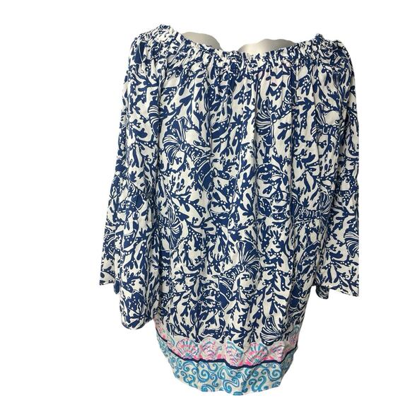 LILLY PULITZER NEVIE OFF-THE-SHOULDER TOP *KRILLIN IT* OYSTER BAY BLUE WHITE - Picture 4 of 9